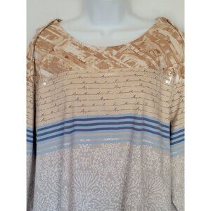 CJ Banks Blouse Womens 3X Tan Blue Print KnitTop Embellished Sequins Round Neck